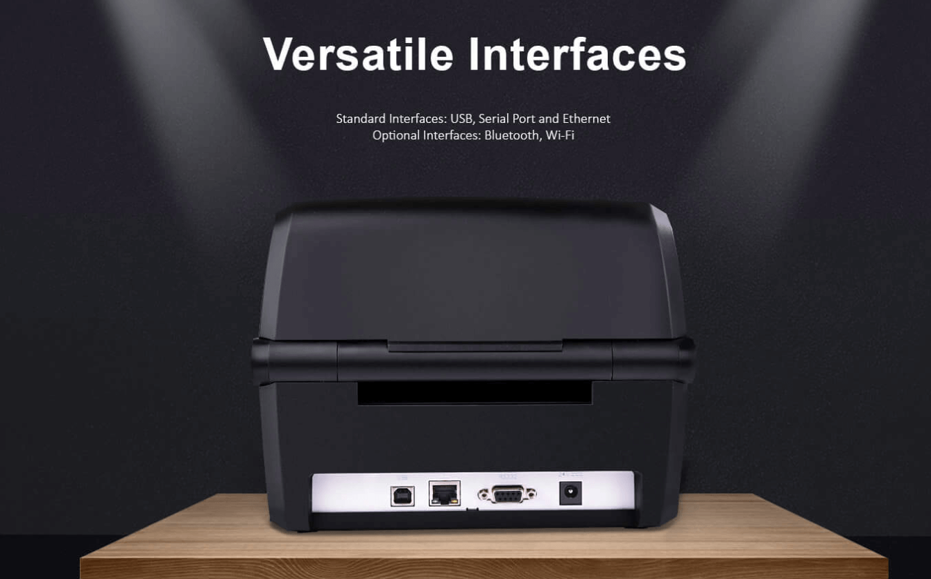 Back view of a stregkodeprinter showing multiple interface ports like USB, Serial, and Ethernet.